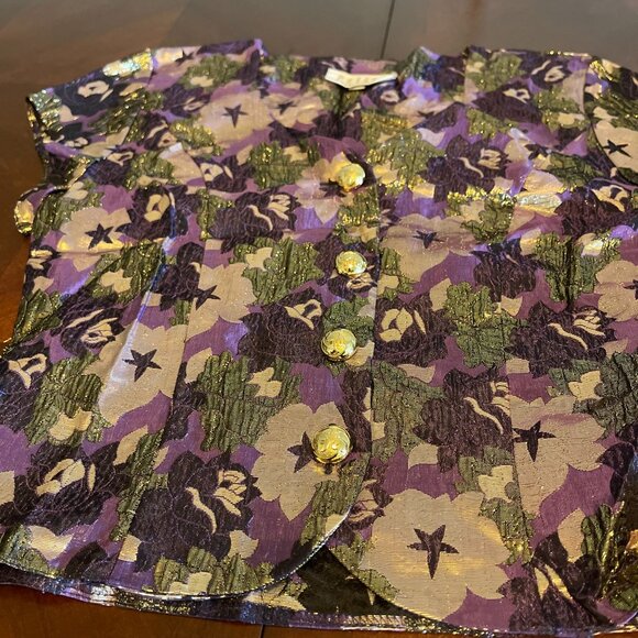 Vtg Petite Principles Floral Metallic Blouse Short Sleeves Button-Up  Size S - Picture 11 of 12